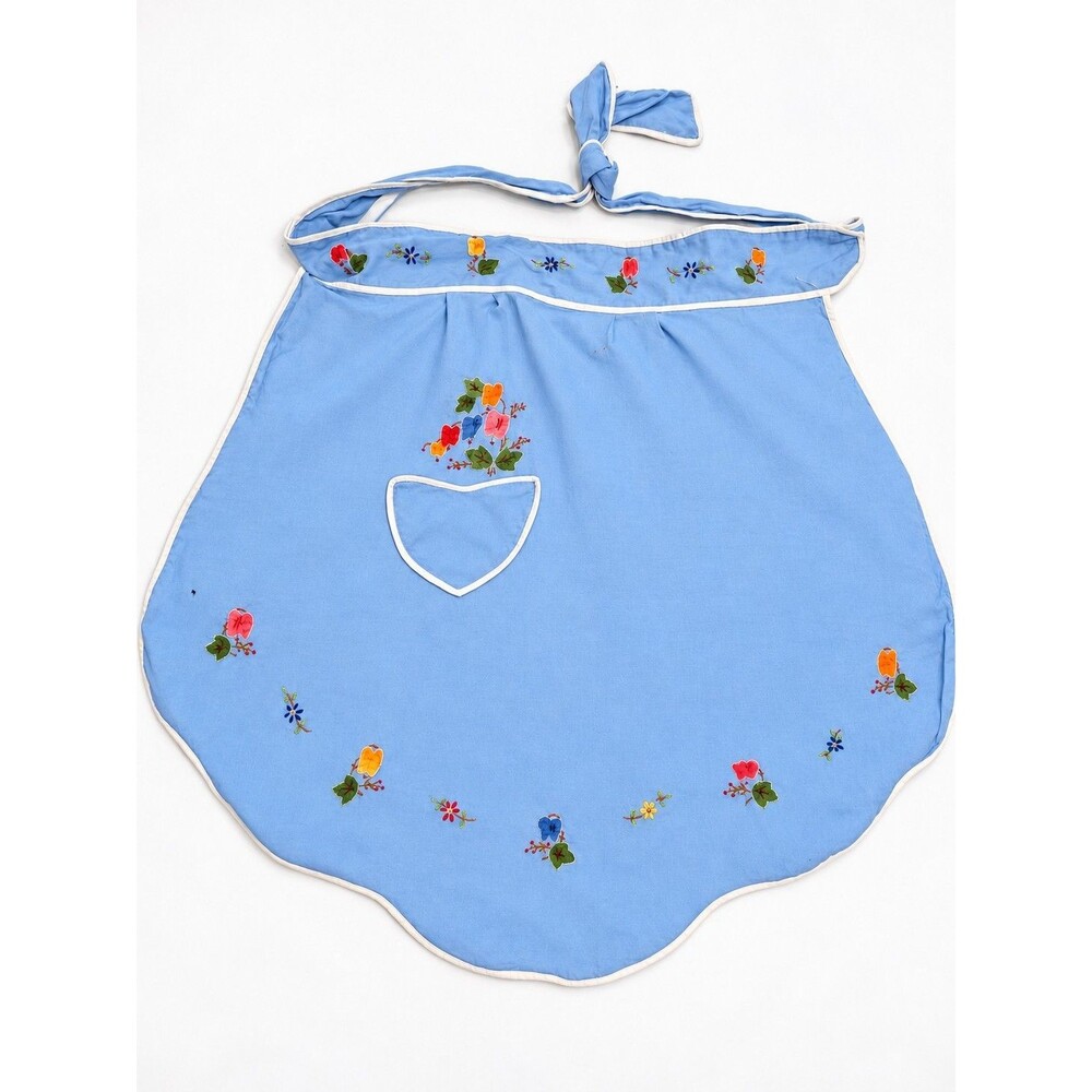 Cottagecore Blue Floral Embroidered Half Apron White Trim Pocket Tie Waist